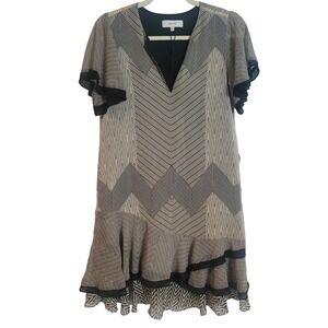 Reiss Hannah Zig-Zag Print Flutter Sleeve Ruffle Hem Mini Dress Size 0 NO BELT